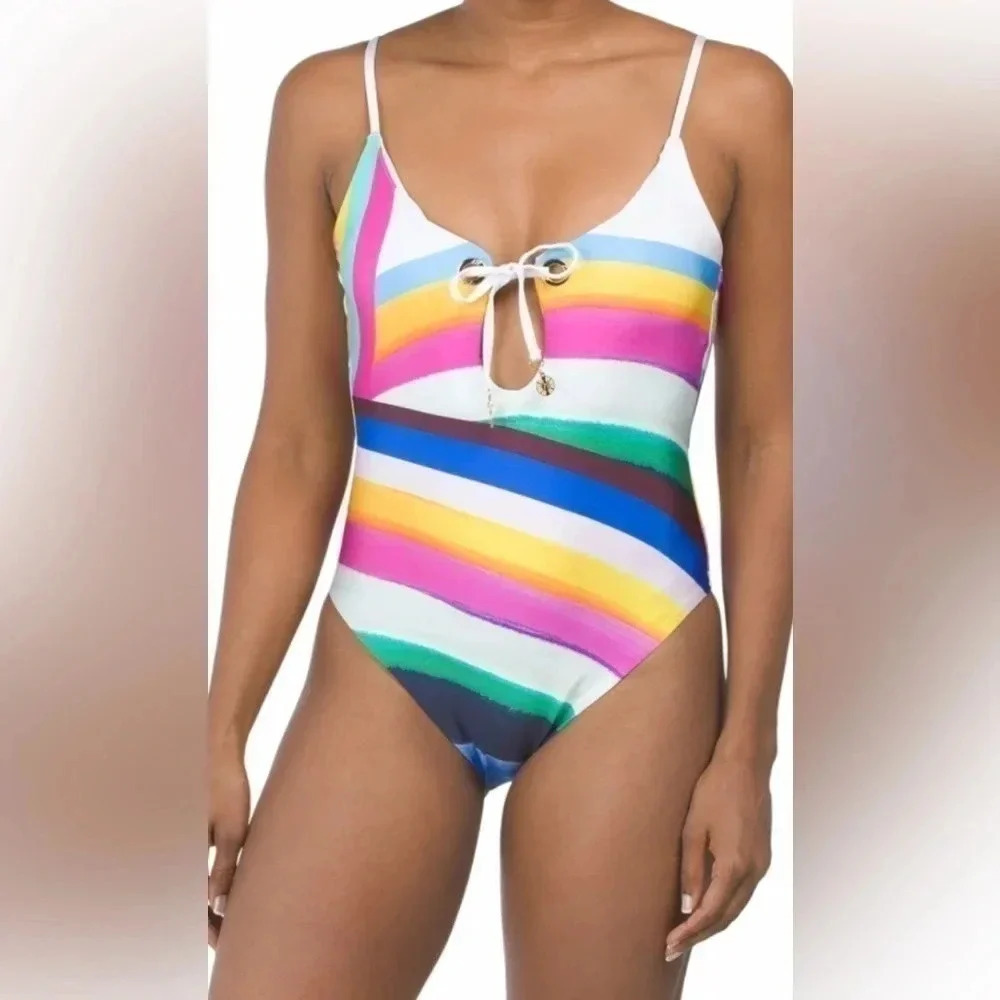 SUNSHINE 79 Rainbow Plunging V - Neck Mai One Piece Swimsuit Size 14